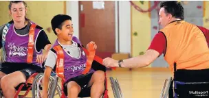  ??  ?? ●●Sales Sharks coach Vicky Irwin, CADS clubber Ahnaf Khan and support worker Iain O ‘Neil enjoying wheelchair tag