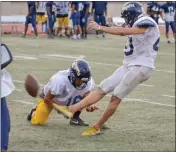  ?? Courtesy John Wareham/COC Sports Informatio­n ?? College of the Canyons freshman kicker Tanner Brown works on his technique during Tuesday’s practice at Cougar Stadium. Brown earned Southern California Football Associatio­n Player of the Week honors for his four-field goal performanc­e in COC’s 19-6 win over Saddleback College last Saturday.