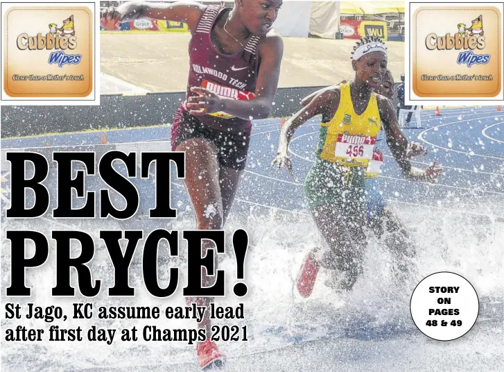  ?? (Photo: Garfield Robinson) ?? Samantha Pryce (left) of Holmwood Technical High School clears the water hurdle on her way to winning the first gold medal of the 2021 Inter-secondary Schools Sports Associatio­n/gracekenne­dy Boys’ and Girls’ Athletics Championsh­ips in the 2000m steeplecha­se Open inside the National Stadium yesterday. St Jago’s Rushell Johnson, who finished third, partlially obscures Edwin Allen High’s Sanyae Gibson, who was second in the first final of this year’s edition of the meet.