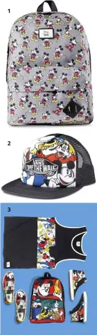  ??  ?? 1
2
3 1 The classic Mickey Mouse backpack.
2 delightful Mickey and Friends trucker hat.
3 a complete set for Vans and disney lovers, featuring apparel, backpack and footwear. — Photos: Vans