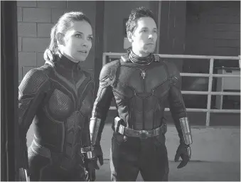  ??  ?? Hope Van Dyne, a.k.a. the Wasp, portrayed by Canadian actress Evangeline Lilly, joins Scott Lang, a.k.a. Ant-Man, played by Paul Rudd, to save Hope’s mother from the Quantum Realm in Ant-Man and the Wasp.