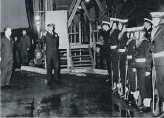  ?? 25_c22memoryl­ane01 ?? Watched by Rear Admiral Mayo in civvies, who was the honorary president of the sea cadets unit, Prince Philip takes the salute at Campbeltow­n Sea Cadets. The cadets are from left: William Craig, Graham Anderson, Roy McLellan, Brian Dewar, Ivor Watson,...
