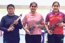  ?? ?? Podium finish:
Shital, Palak and Suruchi, the toppers in air pistol.