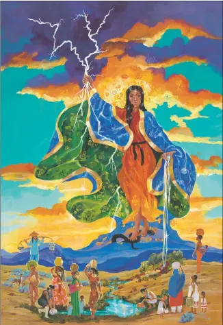  ?? COURTESY ANITA RODRIGUEZ ?? ‘Virgin of the Apocalypse’ – She towers above the landscape, cosmic winds and lightning crackle in her robe like thunder. At her feet women carry water as women do all over the world.