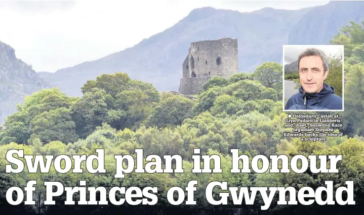  ??  ?? ● Dolbadarn Castell at Llyn Padarn in Llanberis and, inset, Snowdon Race organiser Stephen Edwards backs the idea of a sculpture