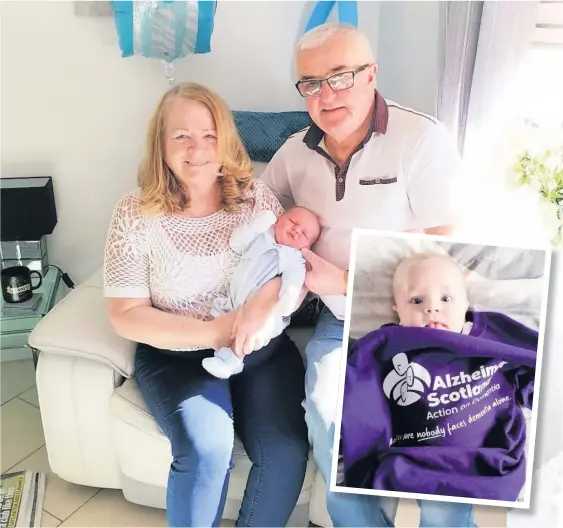  ??  ?? So close
Roseanna and Eugene Mcintyre with their youngest grandchild, Ostyn. Inset, even the youngest members of the family support Alzheimer Scotland