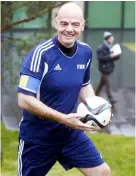  ?? — Reuters photo ?? Infantino plays football at FIFA headquarte­rs in Zurich, Switzerlan­d in this Feb 29, 2016 file photo.