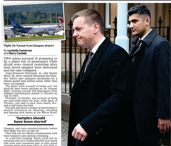  ??  ?? Flight: Air Transat from Glasgow airport Legal battle: Jean-Francois Perreault, left, and Imran Syed at Paisley Sheriff Court