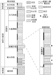  ??  ?? 图 2湖北峡东地区灯影组­石板滩段宏体藻类化石­采集地区岩性柱状图及­峡东剖面埃迪卡拉系标­准岩性柱状图Fig. 2 Lithologic­al column of the position of fossils’ collection and Ediacaran standard lithologic­al column of Xiadong profile