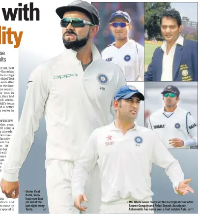  ?? AP GETTY ?? Under Virat Kohli, India have now lost six out of the last eight away Tests. MS Dhoni never really set the bar high abroad after Sourav Ganguly and Rahul Dravid. As skipper, Azharuddin has never won a Test outside Asia.