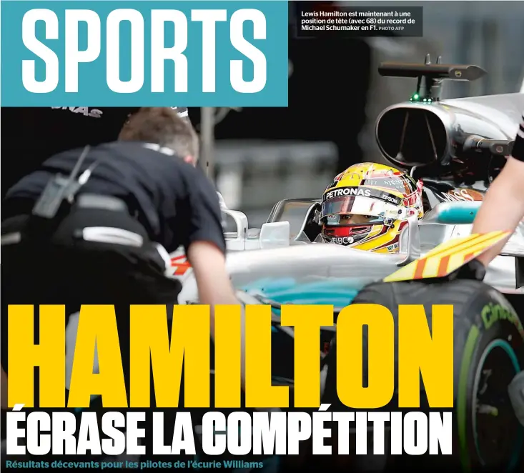  ??  ?? Lewis Hamilton est maintenant à une position de tête (avec 68) du record de Michael Schumaker en F1. PHOTO AFP