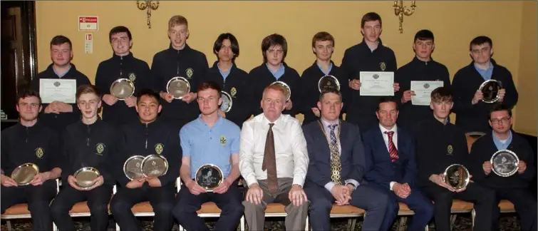  ??  ?? Fifth Year award winners with principal Michael Mahon, Mayor of Wexford Ger Carthy and deputy principal John Hegarty.