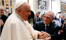  ?? ?? Pope Francis and Martin Scorsese, who was ‘moved’ by the Pope’s words, meet at the Vatican on 27 May 2023. Photograph: Vatican Media/Reuters