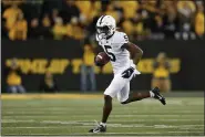  ?? MATTHEW PUTNEY — THE ASSOCIATED PRESS ?? Penn State wide receiver Jahan Dotson runs after a reception during a game against Iowa Oct. 12. The junior is Penn State’s top returning wideout.