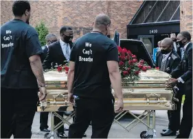  ??  ?? The casket of George Floyd is removed after a memorial service at North Central University in Minneapoli­s on Thursday.