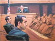  ?? Jane Rosenberg / Associated Press ?? World Trade Center bombing suspects Eyad Ismoil, 26, left, and Ramzi Yousef, 29, foreground, listen in this Nov. 5, 1997, artist’s rendering in New York as U.S. District Judge Kevin Duffy reads the jury instructio­ns on the law regarding the case.