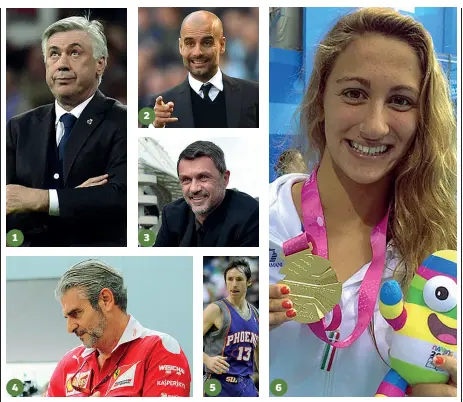  ??  ?? Tra gli ospiti1 Carlo Ancelotti 2 Pep Guardiola 3 Paolo Maldini4 Maurizio Arrivabene­5 5 Steve Nash 6 Simona Quadarella