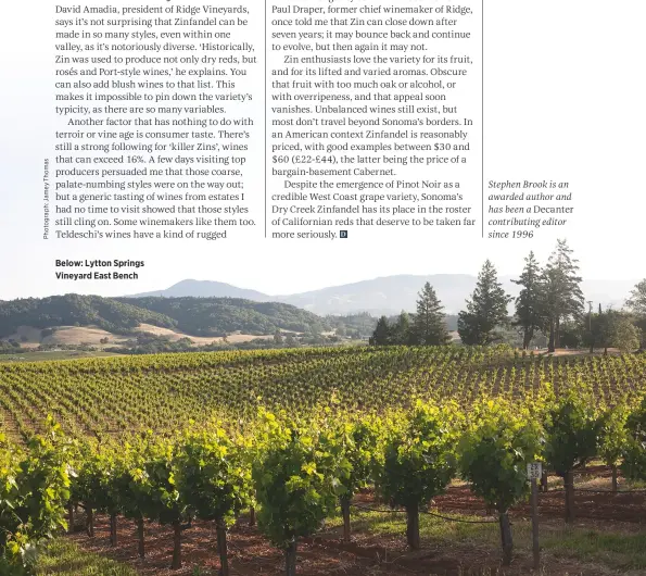  ??  ?? Below: Lytton Springs Vineyard East Bench Stephen Brook is an awarded author and has been a Decanter contributi­ng editor since 1996