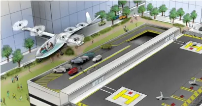  ?? — Reuters ?? A vertical takeoff and landing aircraft leaves a heliport in an artist’s rendition released by ride-sharing company Uber in San Francisco, California,