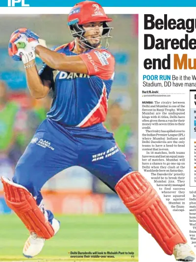  ?? PTI ?? Delhi Daredevils will look to Rishabh Pant to help overcome their middleover woes.