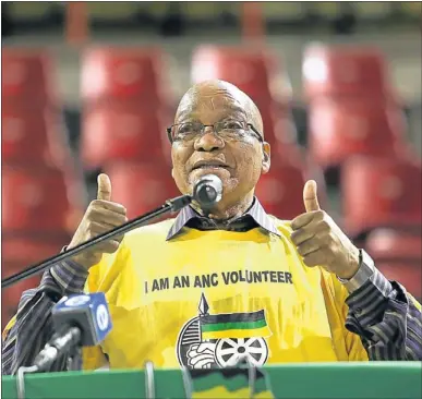  ?? PHOTO: ALON SKUY ?? BATTLE PLAN: ANC president, Jacob Zuma, launches the Moses Kotane Volunteer Brigade at the Standard Bank Arena in Johannesbu­rg yesterday. Thousands of ANC members were at the party’s function.