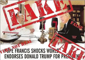  ??  ?? Ein „Fake“
Foto, das den
US-Wahlkampf erschütter­t hatte: „Trump“beim Papst, der ihm seinen Wahlkampfs­egen gibt.