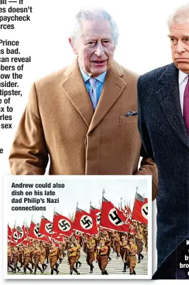  ?? ?? Andrew could also dish on his late dad Philip’s Nazi connection­s
King Charles could be deeply embarrasse­d by informatio­n that his brother reveals about him,
royal insiders squeal