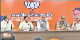  ?? NITIN KANOTRA/HT ?? BJP national general secretary Ram Lal (centre) and other senior BJP leaders addressing the media at party office in Jammu on Friday.