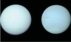  ?? Photograph: Patrick Irwin ?? Uranus (left) and Neptune (right) are actually quite similar colours, as observed after the individual filter images were reprocesse­d, the research claims.