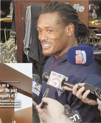  ?? STAFF FILE PHOTO BY JOHN WILCOX (ABOVE) AND AP PHOTO ?? TWO OF A KIND: Linebacker Dont’a Hightower got plenty of attention at his old locker (above) but this year has moved into the spot that used to be occupied by Pats great Willie McGinest (left).