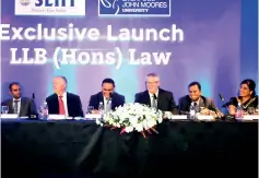  ??  ?? (from left to right) Dr. MalithaWij­esundara, Dean, Faculty of Humanities &amp; Sciences - SLIIT, Sir Jon Murphy, Professor Advanced Policing Studies - LJMU, Prof. LalithGama­ge, Vice Chancellor – SLIIT, Prof. Peter Byers, Pro Vice Chancellor (Education) - LJMU, Prof. Lakshman Rathnayake, Chancellor – SLIIT and Prof. Mahesha Kapuruband­ara, Dean, Internatio­nal - SLIIT