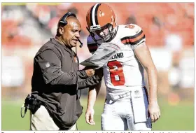  ??  ?? Browns second-year coach Hue Jackson, who is 1-20 with Cleveland, decided to start Kevin Hogan at quarterbac­k against the Texans this Sunday.