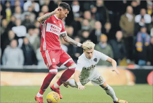  ??  ?? Sheffield United loanee Marvin Johnson drags the ball away from Leeds United’s Ezgjan Alioski while on duty with parent club Middlesbro­ugh last season.