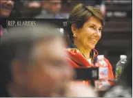  ?? Brian A. Pounds / Hearst Connecticu­t Media file photo ?? Rep. Livvy Floren, R- Greenwick, listens to Gov. Ned Lamont's budget address to the General Assembly at the Capitol in Hartford on Feb. 20.