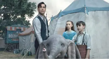  ?? — Walt Disney Pictures ?? Farrell (left to right), Nico Parker and Finley Hobbins star as a family who takes care of the baby elephant in ‘Dumbo’. In this remake, none of the animals utter a word.