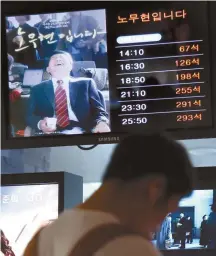  ?? Yonhap ?? Moviegoers are seen at a local theater in Seoul, Sunday. “Our President,” a documentar­y film on the late President Roh Moo-hyun, has been seen by over 596,237 people in the four days since its release last Thursday.