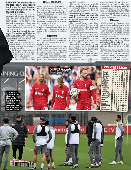  ?? ?? STRUGGLE: Klopp with his players at Liverpool’s training ground in Kirkby last week and
(above) he feels the frustratio­n of another defeat