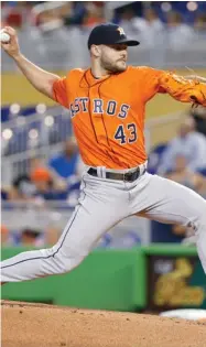  ?? (Photo by Wilfredo Lee, AP) ?? Houston Astros' Lance McCullers Jr. delivers a pitch during the first inning of Wednesday's game against the Miami Marlins.