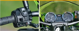  ??  ?? Solid, chunky switchgear includes rocker switch to adjust two-level traction control Classicall­y styled twin dials even use a similar typeface to the clocks on Kawasaki’s original Z1