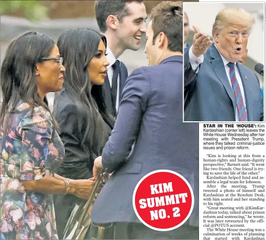  ??  ?? STAR IN THE ‘HOUSE’: Kim Kardashian (center left) leaves the White House Wednesday after her meeting with President Trump, where they talked criminal-justice issues and prison reform.