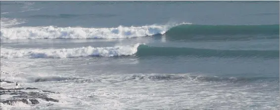  ??  ?? A lone surfer (bottom left) is confronted by a perfect and empty line-up at a local west coast pointbreak earlier this month; this off same swell which lit up Bells Beach over Easter Weekend for the second leg of the WSL championsh­ip tour.