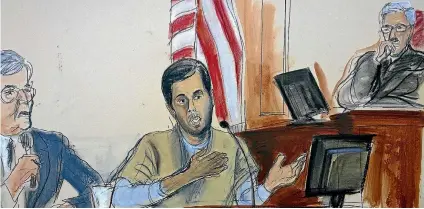  ?? PHOTO: AP ?? Turkish-Iranian gold trader Reza Zarrab, centre, testifies before Judge Richard Berman, right, that he helped Iran evade US economic sanctions with help from Turkish banker Mehmet Hakan Atilla.