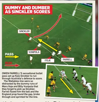  ??  ?? OWEN FARRELL’S sensationa­l bullet pass set up Kyle Sinckler to run through Australia’s defence to score.
The Wallabies line were so distracted by the dummy runs of Maro Itoje and Billy Vunipola that they forget to pick up Sinckler. Farrell fizzed him the ball and the England prop found the gap, broke through and sprinted for the line.