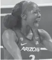  ?? MORRY GASH/AP ?? Arizona guard Aari McDonald celebrates at the end of the Wildcats’ win over UConn on Friday at the Alamodome in San Antonio. McDonald scored 26 points in Arizona’s 69-59 victory in the national semifinal.