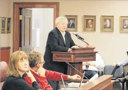  ??  ?? George Dalton, centre, speaks before Summerside’s Tech Services Committee and other city councillor­s about the process of naming streets. Dalton would like to see city street names reflect the city’s history and honour distinguis­hed or influentia­l citizens.