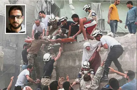  ?? — AFP ?? Devastatin­g chaos: A file photo taken by Karam (inset) showing Syrian rescue workers and citizens evacuating people from a building following a reported barrel bomb attack by Syrian government forces in Aleppo.