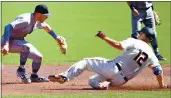  ?? DOUG DURAN — BAY AREA NEWS GROUP ?? The Rockies’ Trevor Story (27) makes the late tag as the Giants’ Alex Dickerson (12) slides into second base safely on a double in the first inning on Thursday in San Francisco.