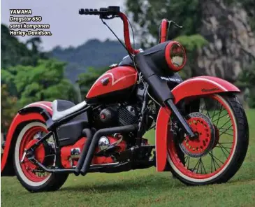  ??  ?? YAMAHA Dragstar 650 sarat komponen Harley-Davidson. Hanger Style Ekzos binaan khas Kos Modifikasi RM7,000