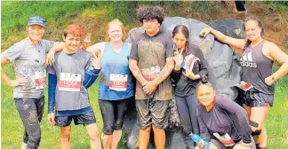  ??  ?? Tough Guy and Gal challenge success for Taupo Alternativ­e Education students. Anamata Cafe youth practition­er Sandy Turner (left), Maison Fontana, teacher Catherine Hawkins, Trujuan Cameron, Aquanee Privitera, Cruz Graham (kneeling), teacher Mish Wi.