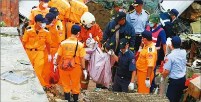  ??  ?? 台灣復興航空編號GE­222號客機，23日從高雄小港機場­飛往澎湖馬公，因迫降撞擊民宅造成4­8人罹難，15人受傷的慘劇，搜救人員移走罹難者屍­體。 (美聯社)